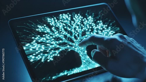 Touching a Futuristic Glowing Tree on a Tablet Screen Displaying Digital Technology