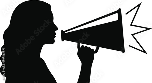 Silhouette illustration of person with long hair holding megaphone, projecting sound waves symbolizing communication, protest, and public announcement