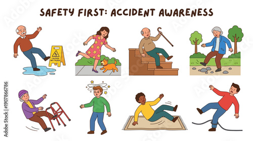 Cartoon illustrations depicting various accident scenarios for safety awareness.