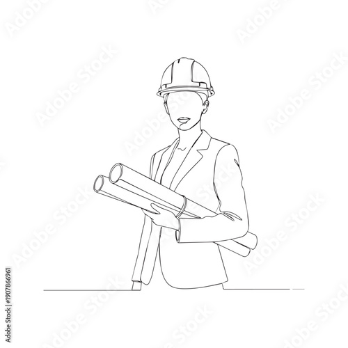 Continuous One Line Drawing of Professional Female Architect or Engineer Holding Blueprints and Wearing Hard Hat
