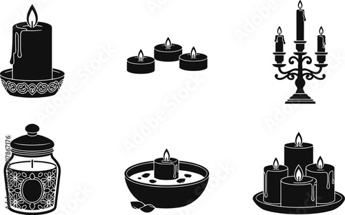 Collection of various black candle icons for decoration and ambiance