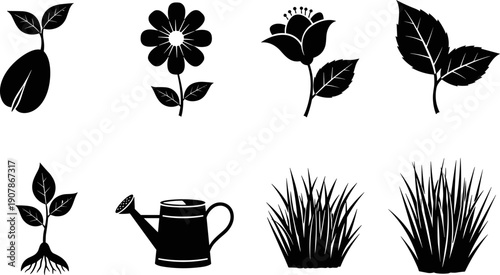 Collection of black and white icons representing plant growth and gardening elements