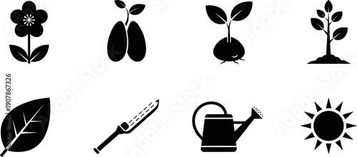 Collection of simple black icons representing plant growth and gardening elements