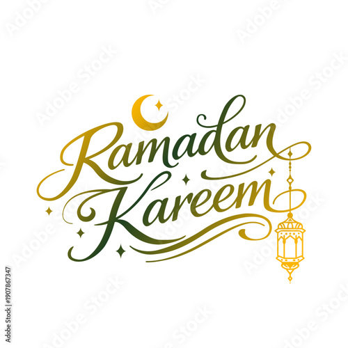 Greeting card or banner dedicated to the holy month of Ramadan. Muslim holiday: crescent moon with hand-lettering inscription "Ramadan Kareem." Vector illustration isolated on white background.