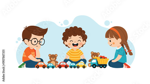 Three happy friends sitting together on the floor and playing with a variety of toy cars, trucks, and soft teddy bears.