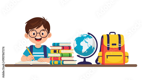 Diligent young boy wearing glasses sitting at a desk and writing in his notebook next to a stack of books and a globe.