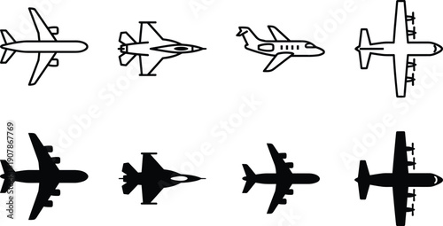 Collection of airplane icons featuring fighter jet, cargo plane, commercial airliner, and private jet in silhouette and outline vector styles.