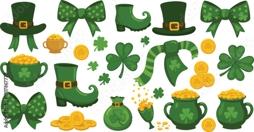 St patricks day shamrock hat boot coin pot gold ireland luck leprechaun clover symbol
