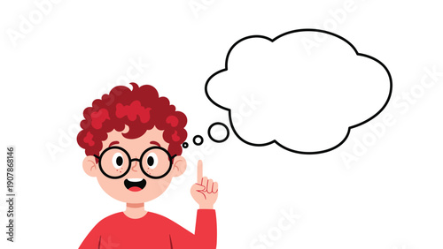 Intelligent young boy with curly red hair and glasses pointing his finger up while thinking under a large empty thought bubble.