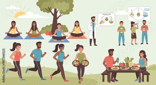 People Practicing Yoga and Healthy Eating.