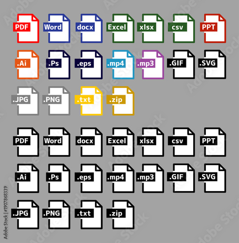 ファイル形式アイコンセット（PDF・Word・Excel・ZIP・MP3・MP4・SVG などのドキュメント拡張子コレクション）
