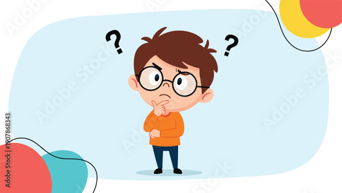 Confused young boy with glasses touching his chin and looking up at floating question marks while trying to solve a puzzle.