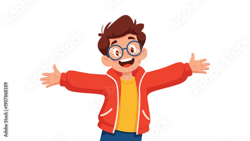 Friendly young boy wearing a red jacket and glasses standing with his arms wide open as if to give a warm hug.