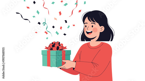 Smiling young woman in a bright red sweater receives a beautifully wrapped gift box amidst falling colorful party confetti.