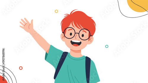 Friendly boy with red hair and round glasses waves hello while carrying his black backpack to school on a sunny morning.
