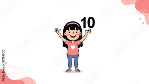 Happy young girl with long black hair and a pink heart shirt celebrates reaching the number ten with her arms raised high.