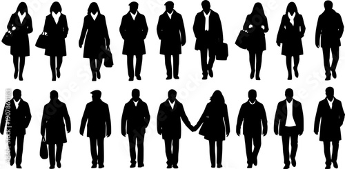 Vector silhouettes man and women, illustration. Silhouettes of people posing in warm winter clothes. Transparent EPS version.