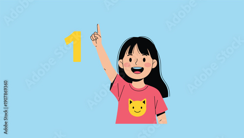 Smiling young girl with black hair and a pink t-shirt points her finger up at a large yellow number one in a bright blue scene.
