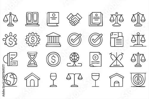 Law and justice outline icons for legal services