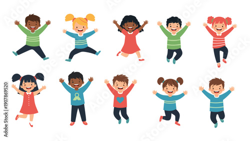 Large group of diverse and happy children jump and play together with excitement in two rows against a white background.