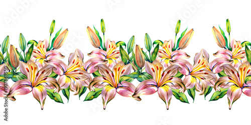 Fotografi Hand-painted watercolor horizontal seamless border of lily flowers with buds and leaves