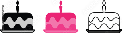 A vibrant collection of three stylized cakes, featuring a black and white option, a playful pink layered design, and a classic outlined version, perfect for celebrations