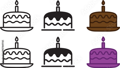 A collection of diverse birthday cake icons, each with a lit candle, perfect for celebrations, party invitations, and sweet festive designs