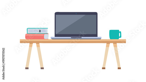 Minimalist illustration depicting a simple wooden desk setup with a modern laptop books and a vibrant turquoise beverage mug ready for focused work or study