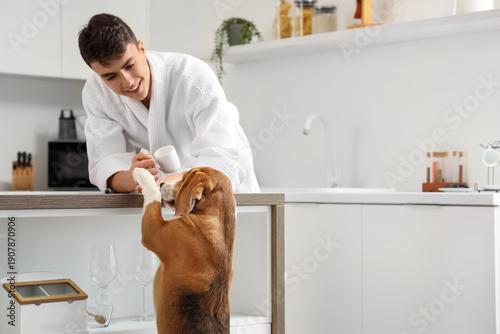 Young man in bathrobe with cup of coffee and cute Beagle dog in kitchen