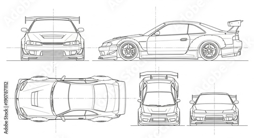 Detailed Car Blueprint Technical Drawing Views.