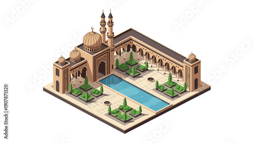 Isometric mosque with courtyard and pool showcasing architectural beauty