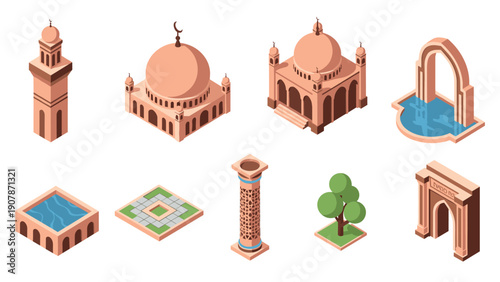 Isometric middle eastern architecture collection with buildings and monuments