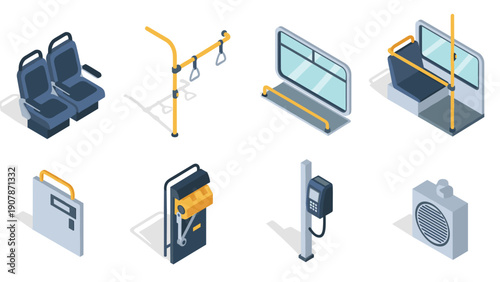Isometric public transportation icons featuring bus interior elements