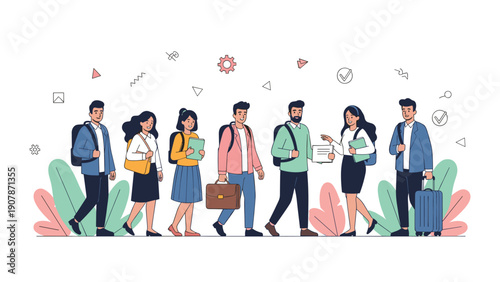 Diverse group of students and travelers with backpacks and luggage walks toward their destinations in a bright outdoors scene.