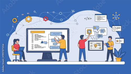 Collaborative team of software developers and engineers works on coding and data visualization in a modern tech environment.