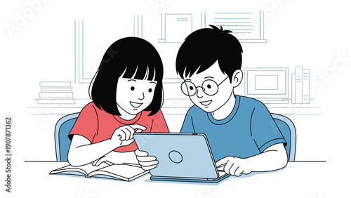 Two young students, a boy and a girl, collaborate on their homework using a digital tablet at a desk.