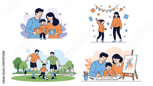 Various scenes of family bonding include sharing gifts, celebrating a party, playing soccer, and creating art together.