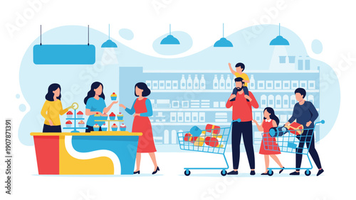 Families and individuals shop for fresh cupcakes and groceries in a well stocked modern supermarket with friendly service.