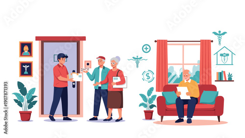 Elderly couple receives home delivery of medical supplies while a senior man relaxes on a couch in a cozy living room setting.