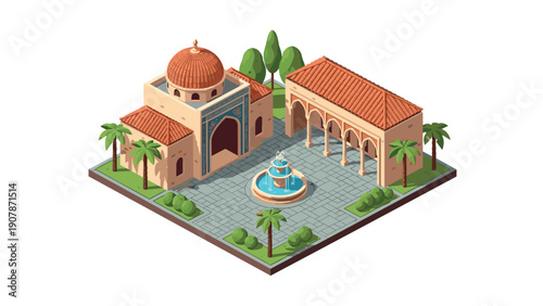 Isometric middle eastern architecture with courtyard fountain and palm trees