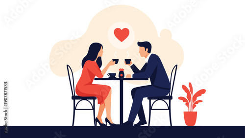 Elegant man and woman sitting at a cafe table enjoying a romantic date with coffee while a large red heart symbol floats above.