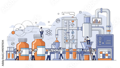 Modern pharmaceutical production facility with scientists working on the assembly line to manufacture and package medicine bottles.