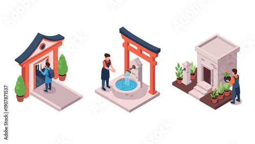 Isometric japanese cultural activities: tea ceremony, handwashing, gardening