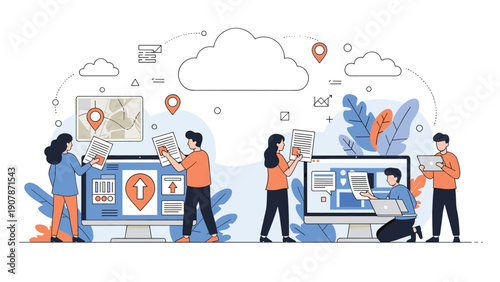 Team of professionals collaborating on digital projects using cloud technology and global mapping data for business growth.