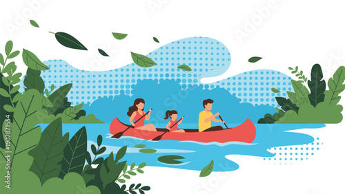 Happy family enjoying a peaceful summer vacation rowing a red canoe together down a calm river surrounded by lush green foliage.