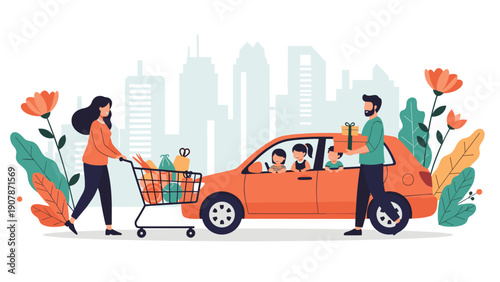 Family loading groceries into their car after a shopping trip in the city with children waiting inside the orange vehicle.