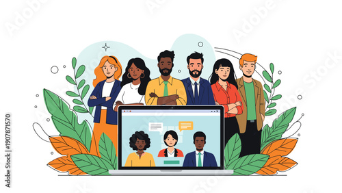 Professional diverse team standing together behind a laptop screen displaying a group video call for remote business meeting.