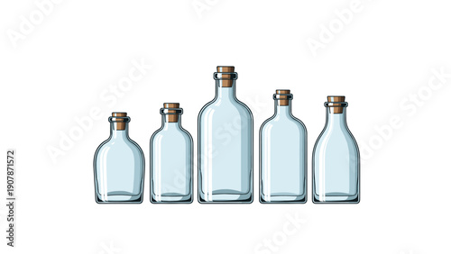 Set of clear empty glass bottles with cork stoppers in various sizes and shapes arranged in a row on a white background.
