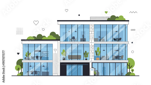 Modern architectural office building with glass facade showing professional workspaces and green plants on the roof garden.