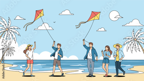 Group of happy young friends spending a fun day at the beach flying colorful kites and enjoying the ocean breeze and sunny weather.